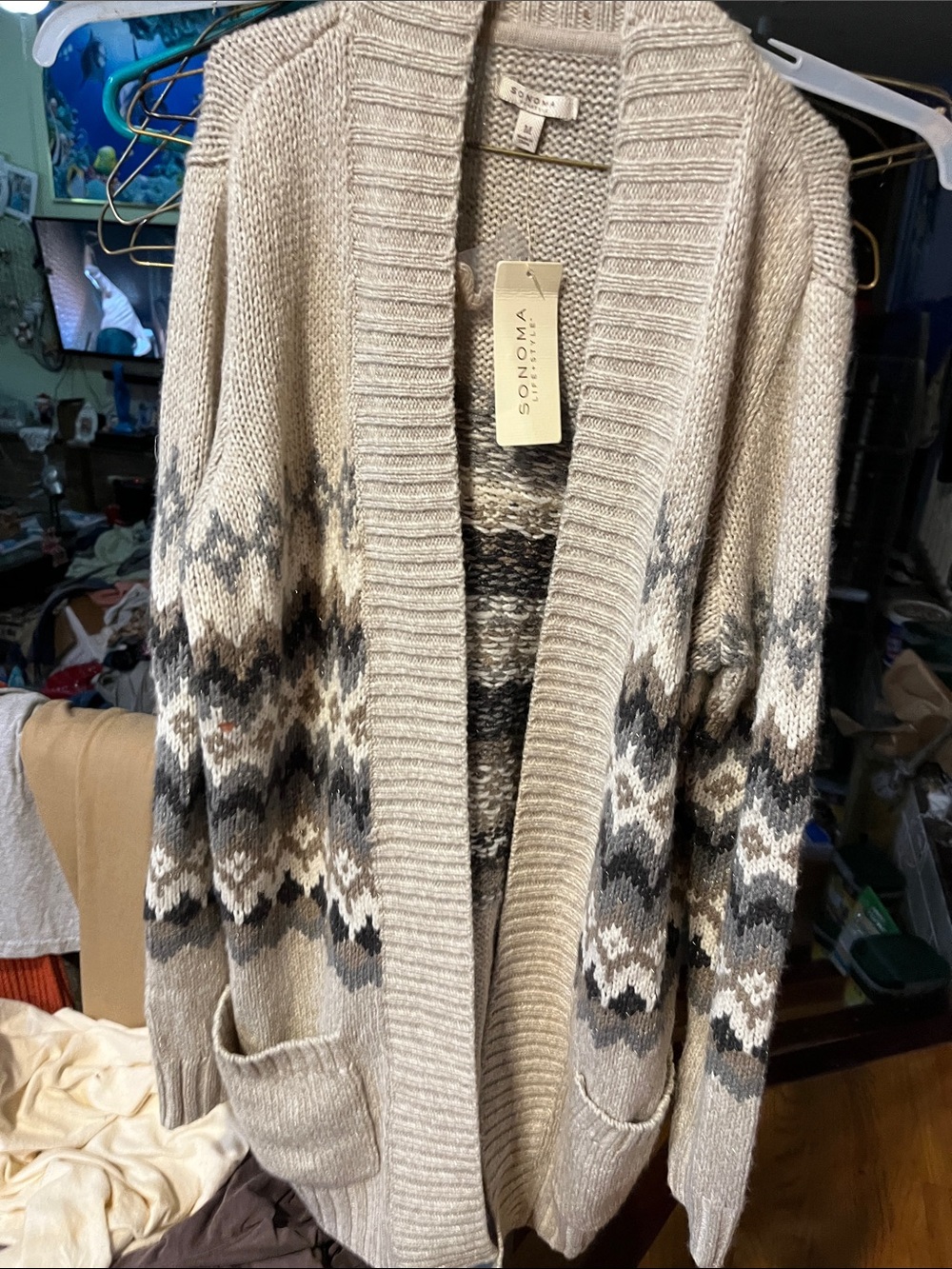 Sonoma Neutral Fair Isle Open-Front Cardigan in Cream and Gray th